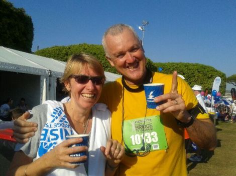 Steph and Martyn Robotham, looking way too happy after running 10 kilometres in the Bridge to Brisbane. Must be the coffee!